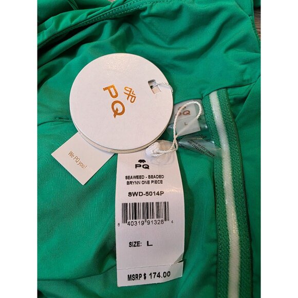 PQ NWT Green Swimsuit Gold Beaded Macrame One Piece Large - Picture 7 of 8